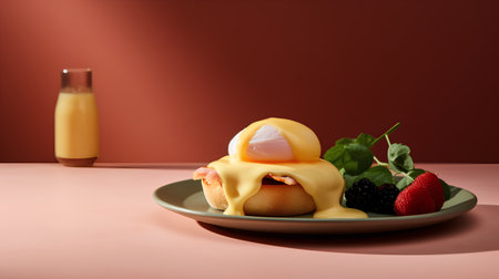 Eggs Benedict served on a plate with fresh berries and yogurt.の素材
