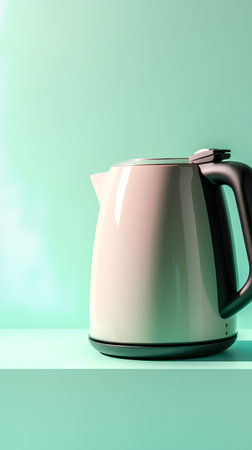 Modern electric kettle on a green background. 3d render illustration.の素材