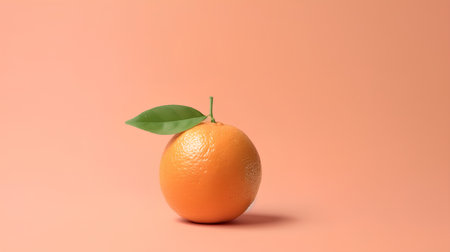 Orange with green leaf on orange background. Minimal food concept.の素材