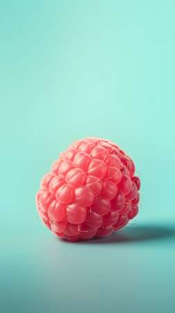 Ripe raspberry on a blue background. Copy space. Toned.の素材