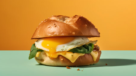 Burger with fried egg on yellow and green background with copy spaceの素材