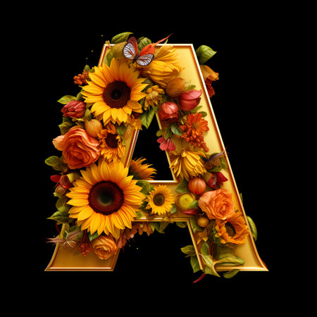 Alphabet letter A made of autumn flowers. 3D rendering isolated on black backgroundの素材
