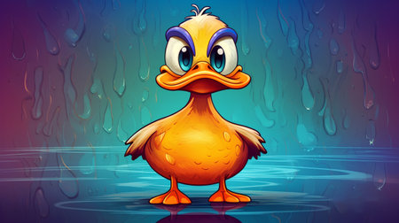 Cartoon duck on blue background with rain drops. Vector illustration.の素材