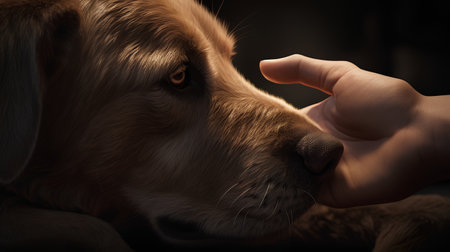 Labrador retriever dog playing with human hand, close-upの素材