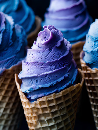 Blueberry ice cream in waffle cones on a dark background. Selective focus.の素材