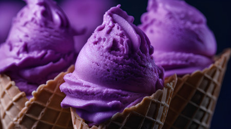 Purple ice cream in waffle cones on a dark blue backgroundの素材