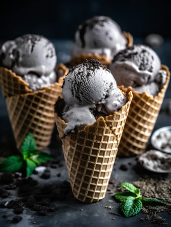 Chocolate ice cream in waffle cones on a dark background.の素材