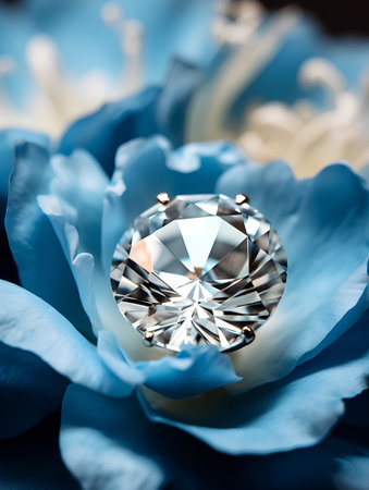 Jewelry diamond ring on blue rose petals background, closeupの素材