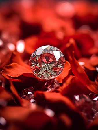 Jewelry diamond ring on red rose petals background, close upの素材
