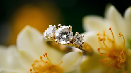 Wedding rings on the background of flowers. Macro photo.の素材