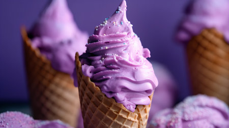Purple ice cream in waffle cones on purple background, closeupの素材