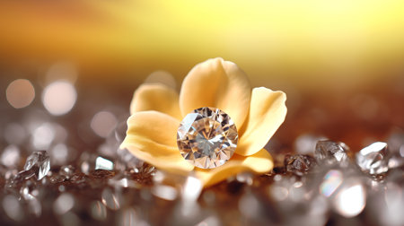 Jewelry diamond ring with yellow flower on golden bokeh backgroundの素材