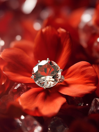 Jewelry diamond ring on red petals background, close upの素材