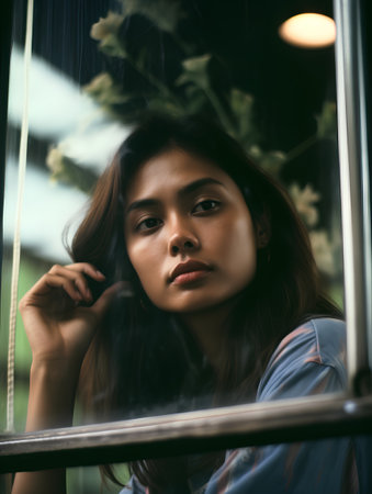 Portrait of a beautiful Asian woman looking at the camera through a windowの素材