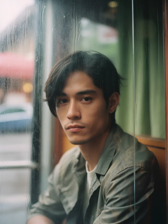 Portrait of young handsome asian man looking through the window.の素材