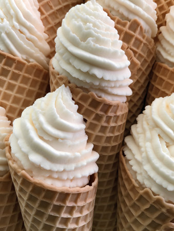 Vanilla ice cream in waffle cones, close-up.の素材