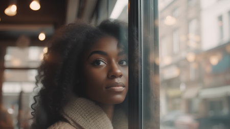 Portrait of beautiful african american woman looking through the windowの素材
