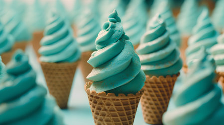 Ice cream in a waffle cone on a blue background close-upの素材