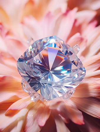 Close up of diamond ring on pink flower petals. Jewelry backgroundの素材