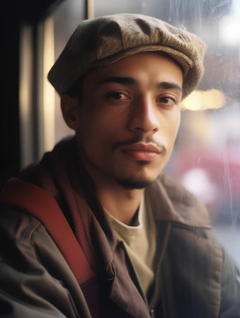 Portrait of a handsome young man in a cap and coat standing by the windowの素材