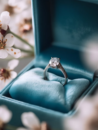 wedding ring in blue box with flowers, shallow dofの素材