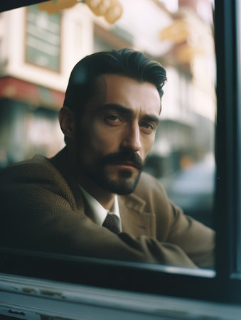 Handsome man with beard and mustache looking out of the windowの素材