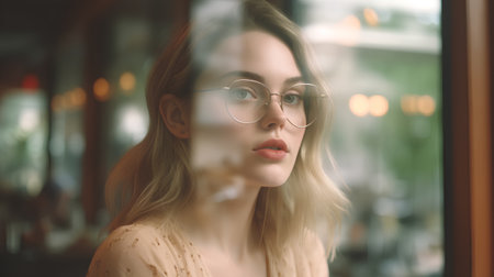 Beautiful girl with glasses in a cafe. Portrait of a young woman.の素材