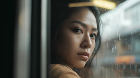 Young beautiful asian woman looking through the window in rainy day.の素材