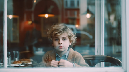 Portrait of a cute little boy sitting in a cafe and looking out the windowの素材
