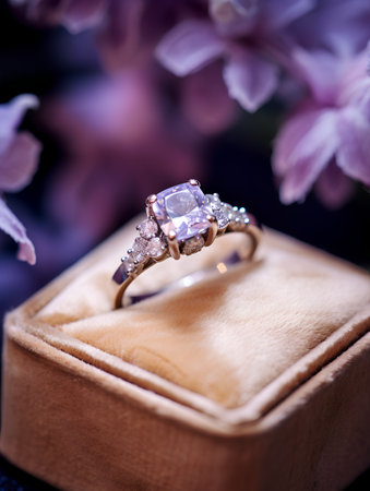 wedding ring on the background of a bouquet of lilacsの素材