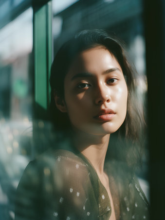 Beautiful asian woman with dark hair and makeup looking through the windowの素材