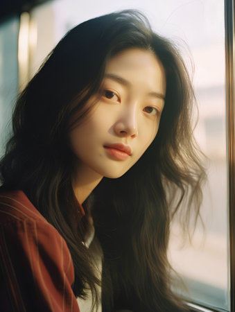 portrait of a beautiful asian woman with long hair looking through the windowの素材