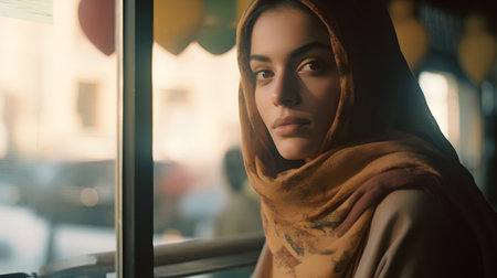 Portrait of beautiful muslim woman with hijab looking at camera in cafeの素材