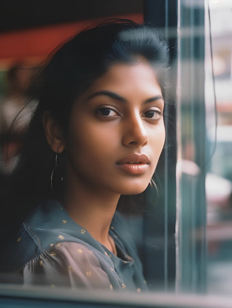 Portrait of a beautiful Asian woman looking out of the window.の素材