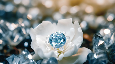 Jewelry diamond ring on white flower with bokeh backgroundの素材