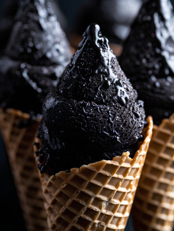 Chocolate ice cream in waffle cones on a black background.の素材