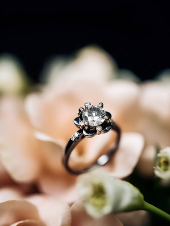 wedding rings on the background of a bouquet of flowersの素材