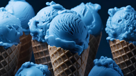 Blue ice cream in waffle cones on blue background. Toned.の素材