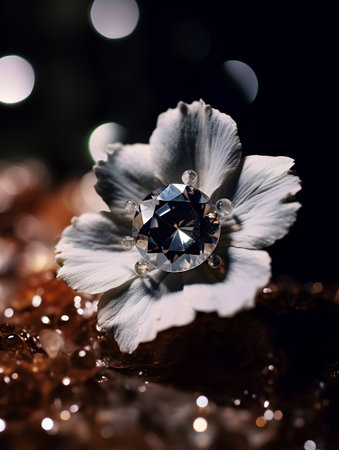 Diamond ring with white flower on black background with bokeh.の素材