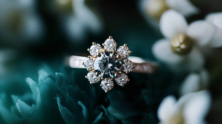 Wedding ring with diamonds on a background of white flowers.の素材