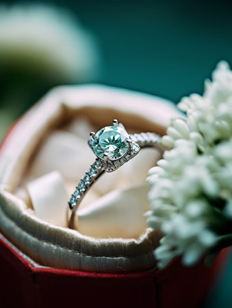 Wedding rings with a green emerald in a red boxの素材