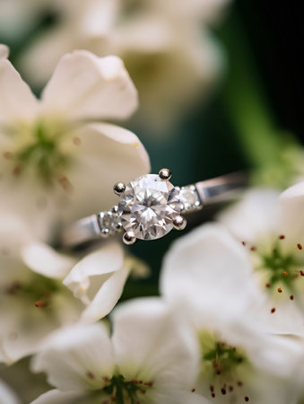 Wedding ring with diamonds on a branch of white flowers.の素材