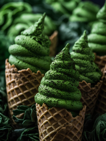 Green tea ice cream in waffle cones on a green background.の素材