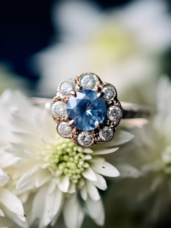 Jewelry ring with blue sapphire on a white flowerの素材