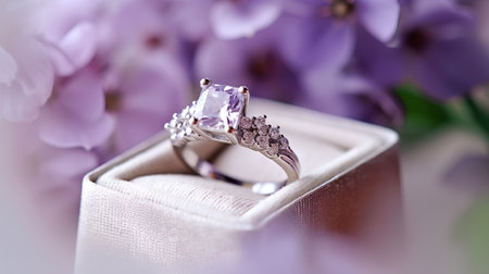 wedding ring with a diamond in a box with a bouquet of flowersの素材