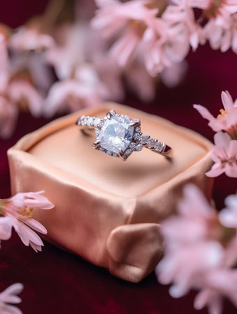 wedding ring in a box on a background of pink flowersの素材