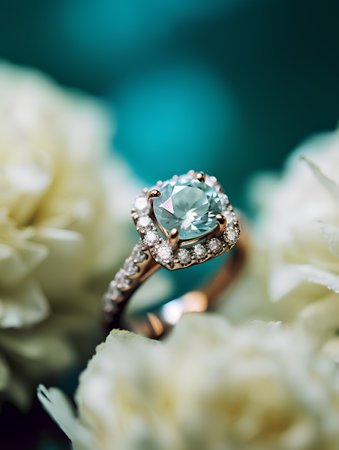 Wedding ring with a beautiful emerald on the background of white flowersの素材