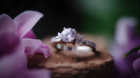 wedding rings on a wooden stand with flowers in the backgroundの素材
