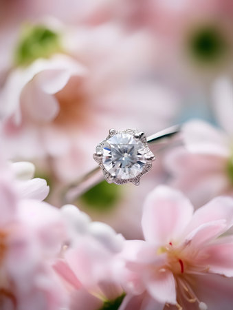 wedding ring on the background of a bouquet of flowersの素材