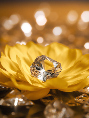 Wedding ring on a yellow flower with bokeh backgroundの素材